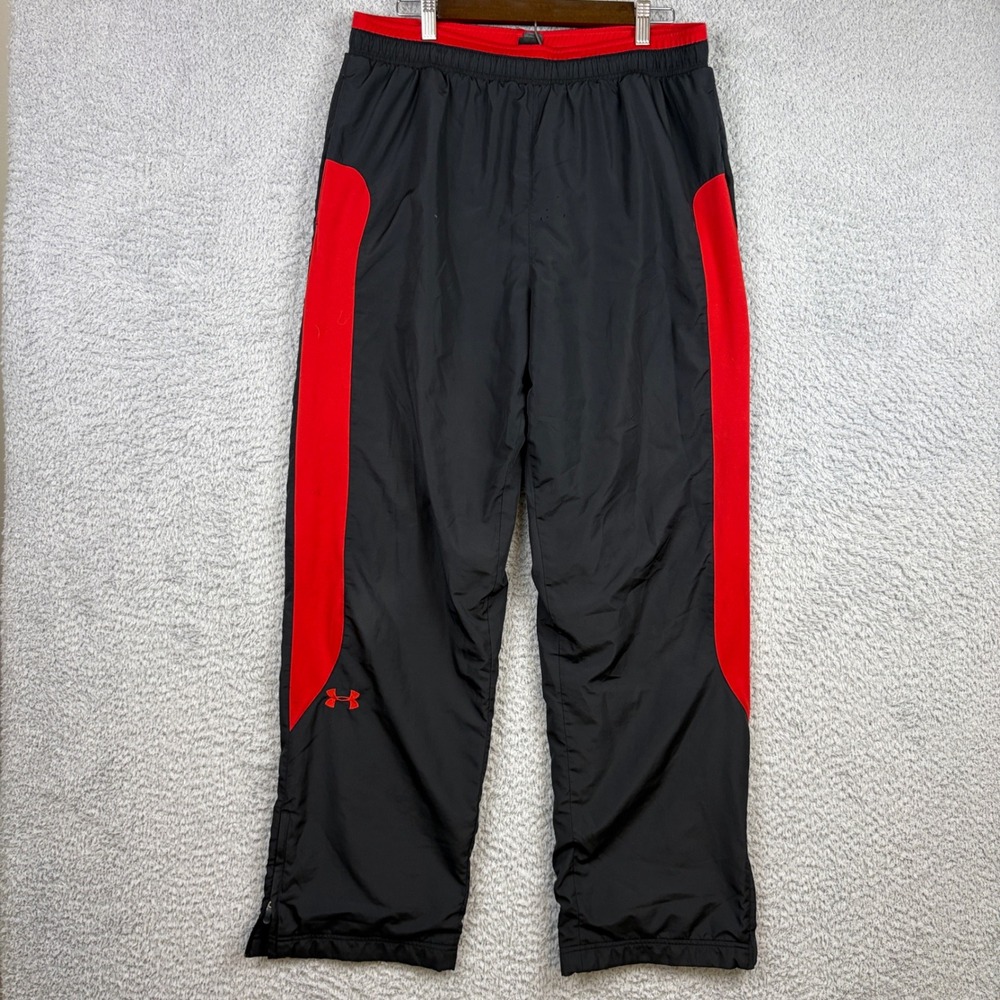 Under Armour Track Pants Mens Large Black Red Baggy Warm Up Ankle Zip Gym